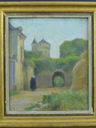 Tableau ancien paysage animé château La Voute Casemate Marie-Thérèse Duchateau