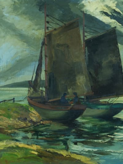Ancien tableau marine voiliers bord de côte animé crépuscule ciel 1930 S. Gross