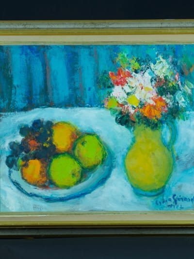 Tableau ancien nature morte impressionniste fleurs et fruits Lydie Gérard HST