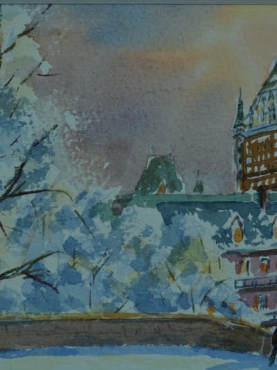 Ancien tableau paysage sous la neige Canada Québec City signé Roland Dostie