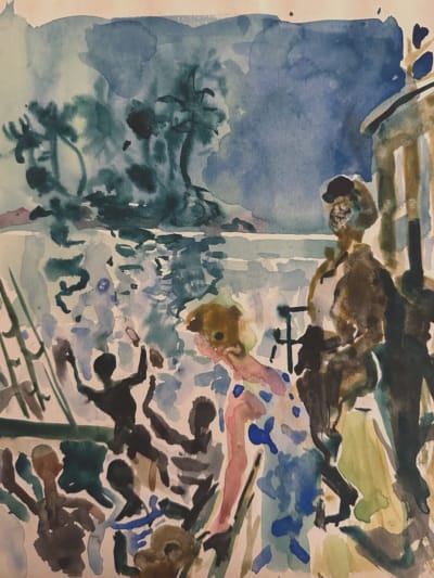 Ancien dessin nocturne fête bateau île illustration Jean Terles Art Déco