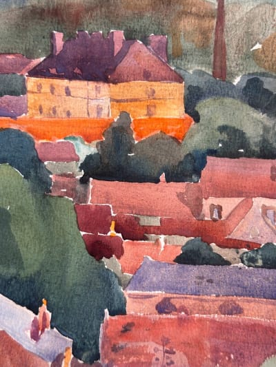 Dessin ancien Jean Terles vue de village en été Bretagne Art déco n°6