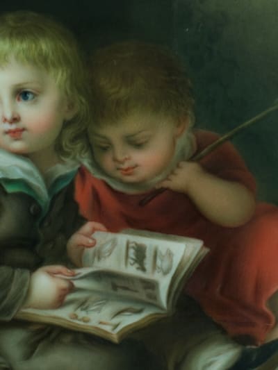Tableau ancien portait enfants à la lecture plaque porcelaine Vogel KPM Berlin