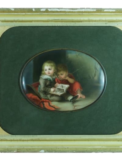 Tableau ancien portait enfants à la lecture plaque porcelaine Vogel KPM Berlin
