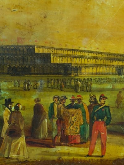 Ancien tableau peint tôle Exposition Universelle XIXe Chine Voyage Londres