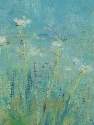 Ancien tableau impressionniste paysage bord de rivière animée Provence Bastogy