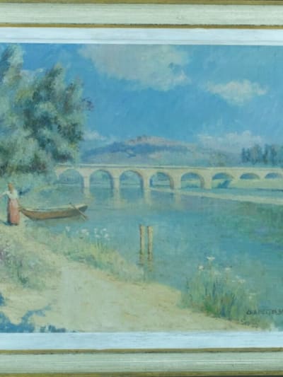 Ancien tableau impressionniste paysage bord de rivière animée Provence Bastogy