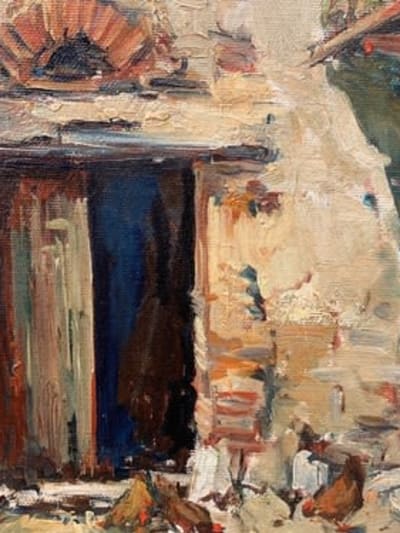 Tableau ancien cour de maison et basse cour en été signé Soler cadre HST