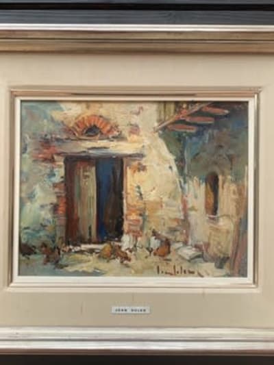 Tableau ancien cour de maison et basse cour en été signé Soler cadre HST