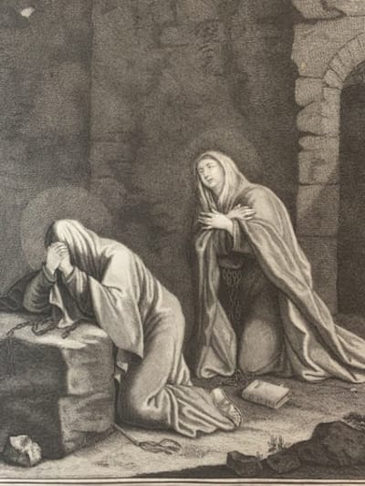 Belle gravure ancienne portrait de Sainte Françoise Romaine et sa compagne