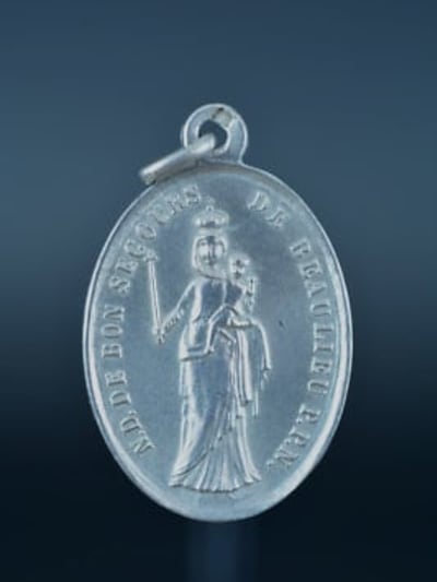 Cute French silver religious medal, pendant, Our Lady of good Help of Beaulieu