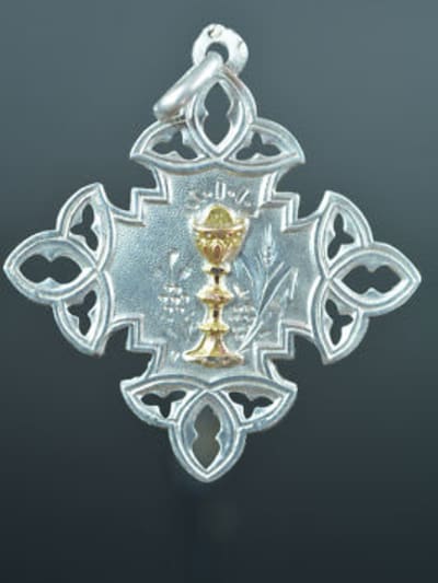19thc religious communion medal pendant silver 18k gold chalice