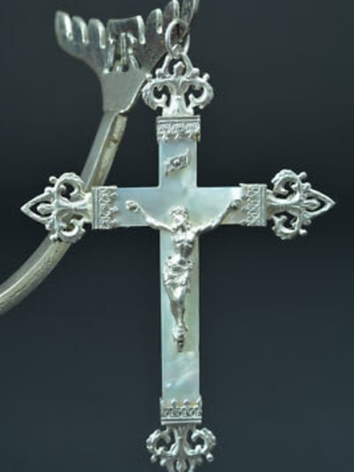 19thc fine large religious pectoral cross sterling silver & mother of pearl
