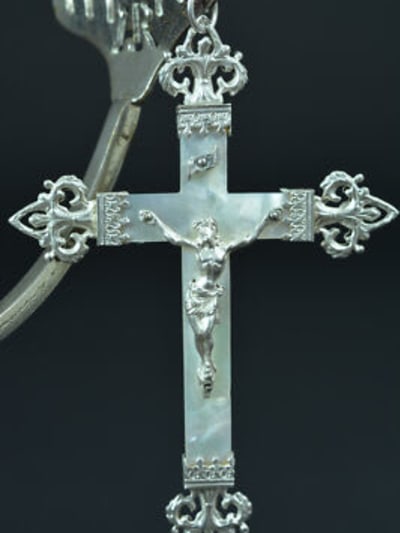 19thc fine large religious pectoral cross sterling silver & mother of pearl
