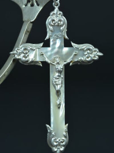 19thc gorgeous large religious pectoral cross sterling silver & mother of pearl
