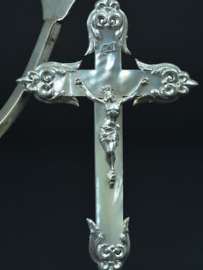 19thc gorgeous large religious pectoral cross sterling silver & mother of pearl
