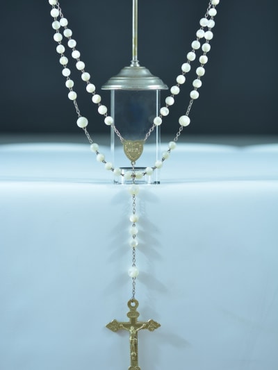 Rare Art Nouveau 1925 Sainte Theresa of Jesus Child Rosary Mother of pearl & brass