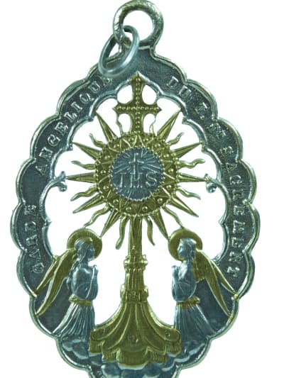 Antique bronze religious medal pendant Guardian angel of the Most Holy Sacrament