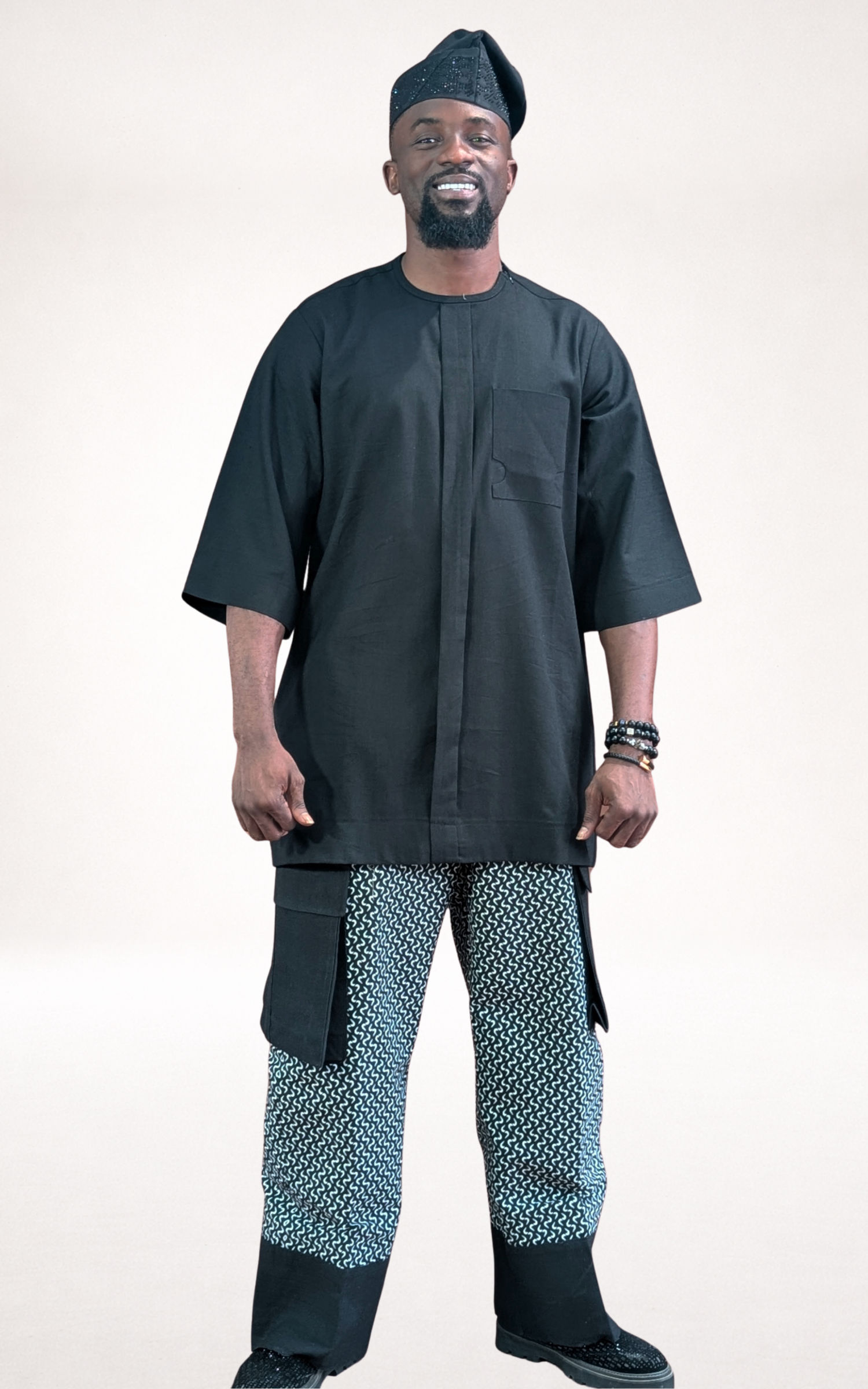 Black Native Shirt /w Black & White Adire Trousers and Black Cap - page 1