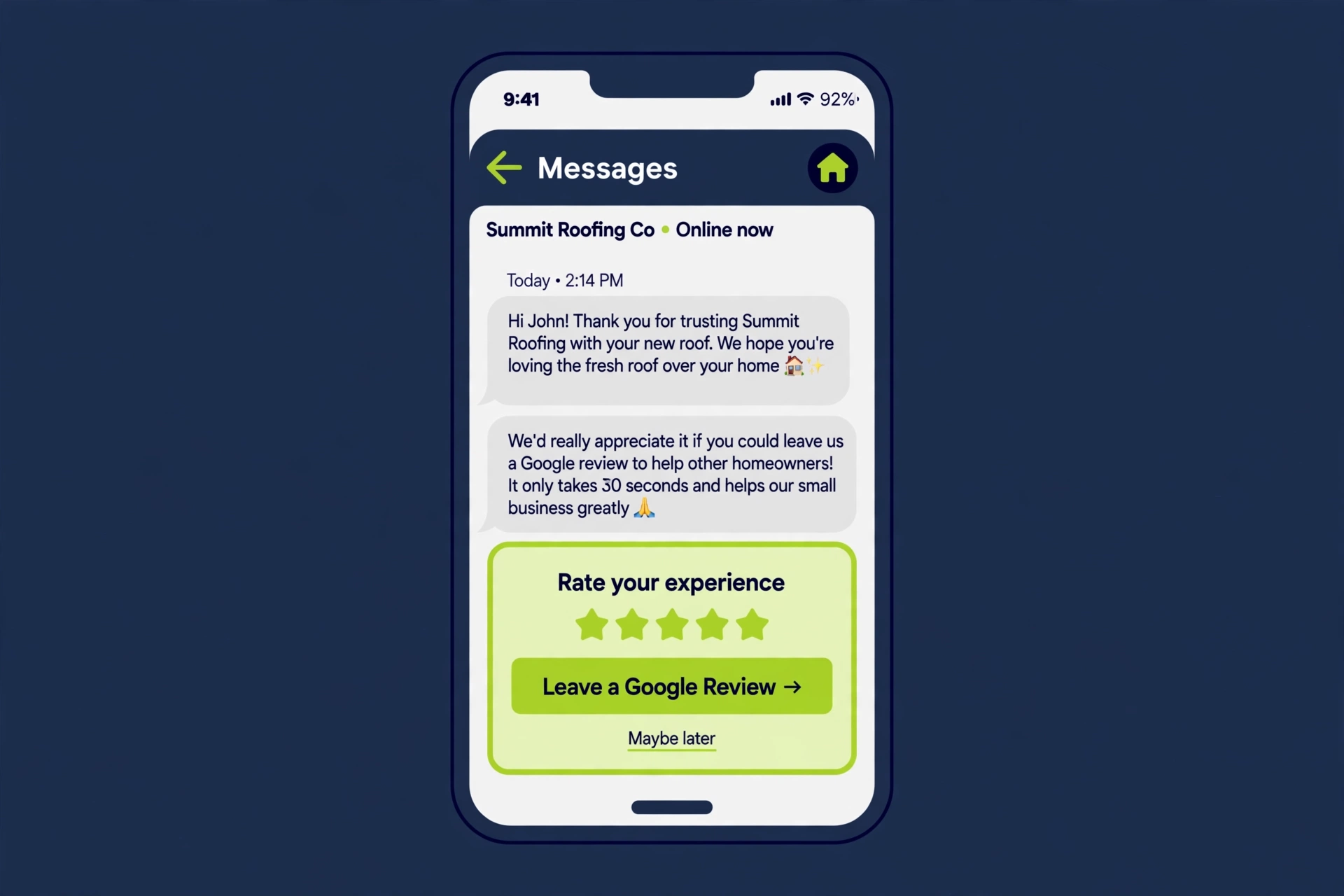 Phone showing review request text message from roofing company