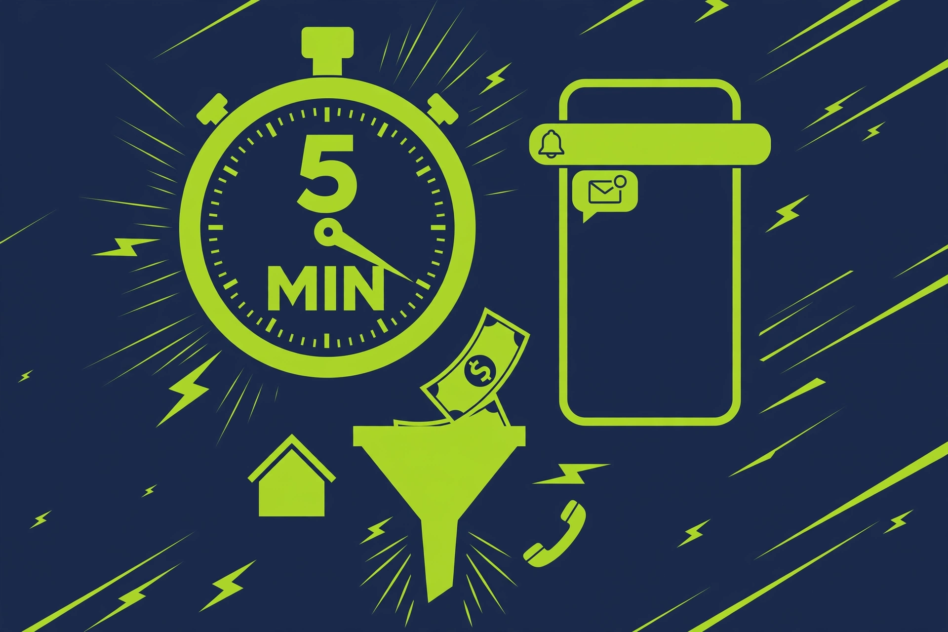 Speed-to-lead stopwatch infographic showing the 5-minute response window for roofing leads