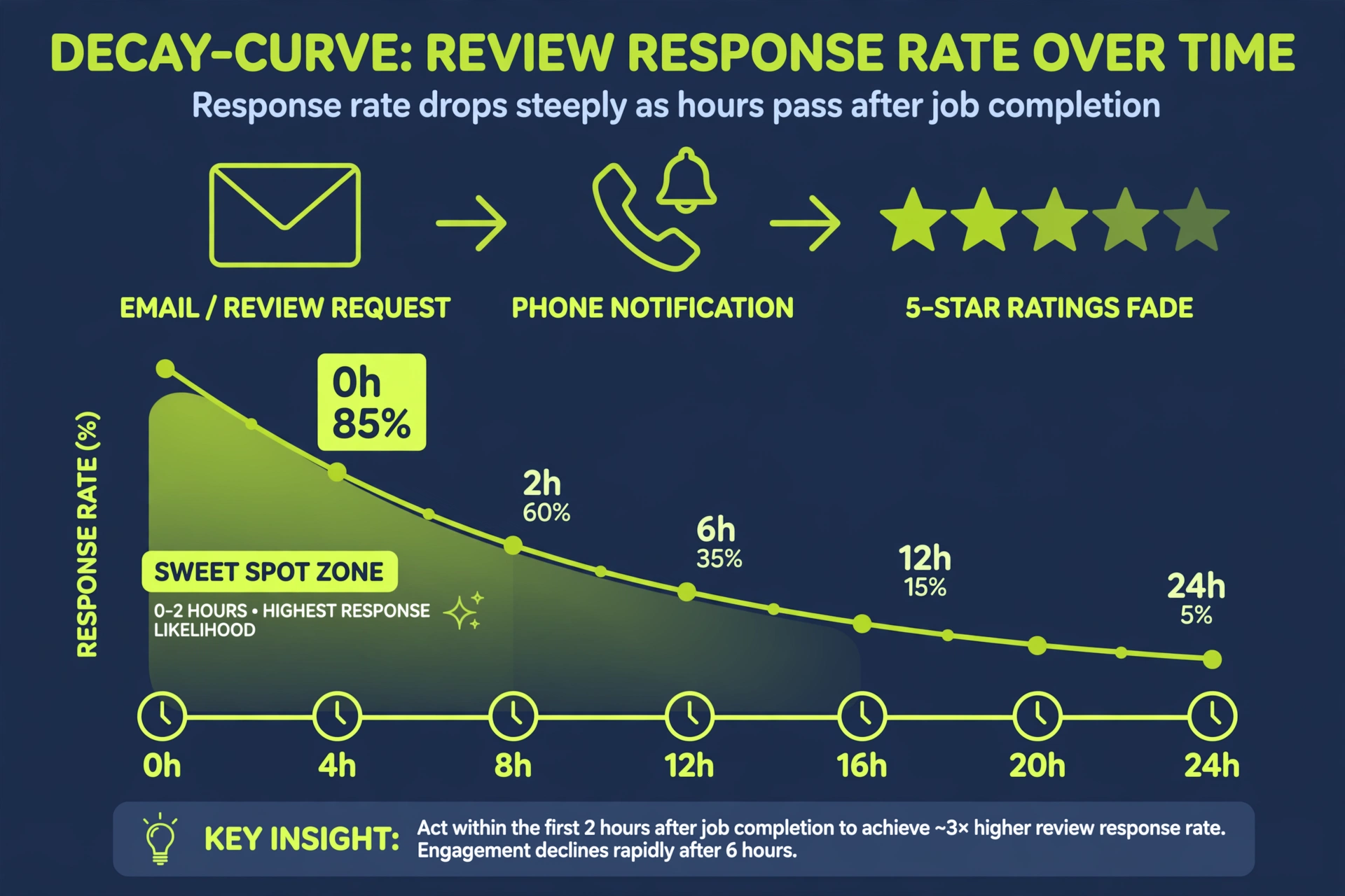 Illustrative timing diagram showing review response likelihood falling as hours pass after job completion, with the first two hours as the sweet spot