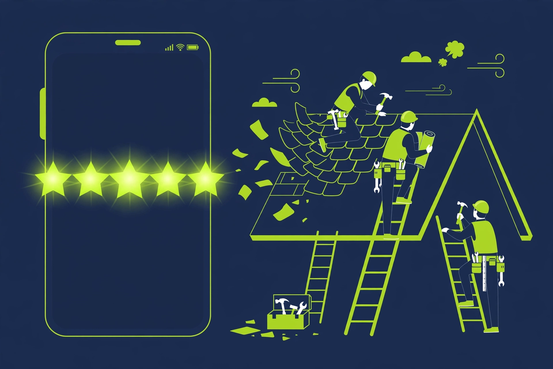Smartphone with glowing five-star Google review stars beside a storm-damaged roof being repaired by a roofing crew with ladders
