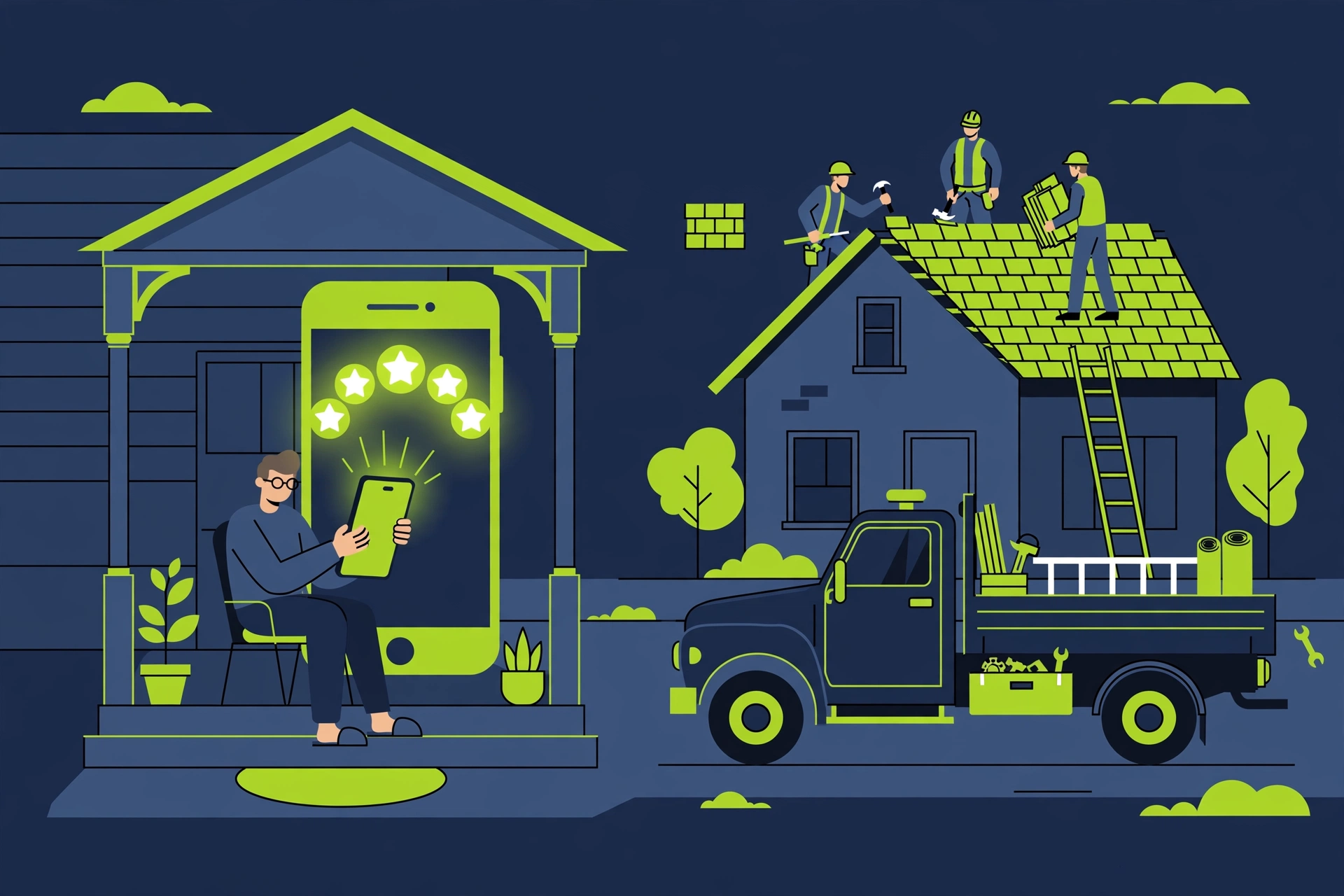 Homeowner on a porch reading fresh Google reviews on a smartphone while a roofer's truck and crew install a roof on the neighboring house