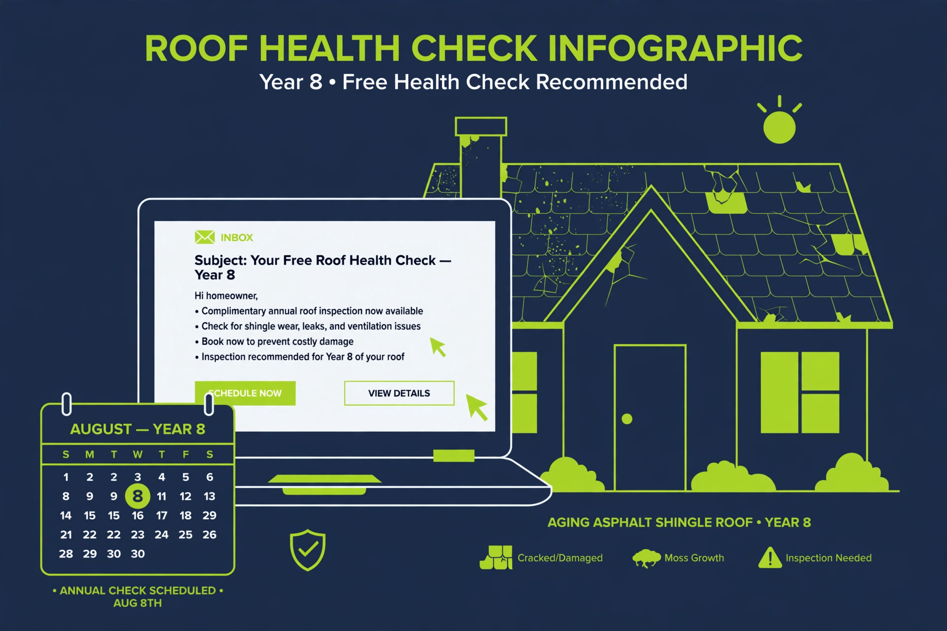Illustrative vector infographic of a laptop showing a free roof health check email beside a house with an aging asphalt shingle roof and a calendar marking year 8