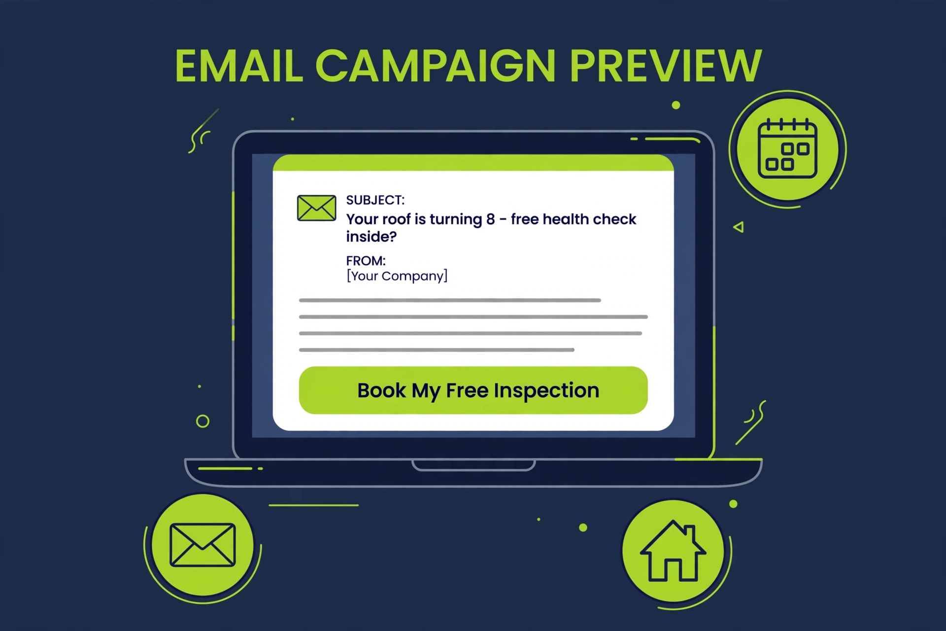 Vector mockup of the roof-age email template from a roofing company with a lime green Book My Free Roof Health Check button