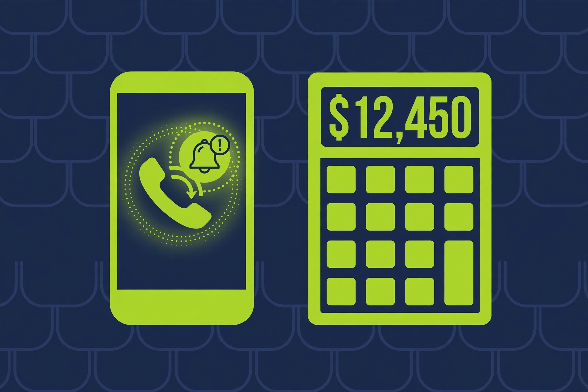 Smartphone with a missed-call notification beside a calculator displaying a dollar value, with roofing shingle motifs