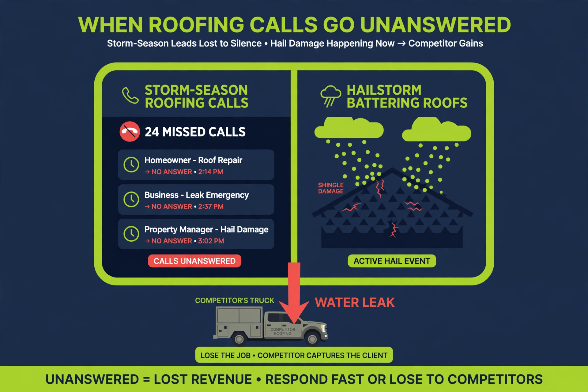 Missed storm-season roofing calls leaking to a competitor during a hailstorm