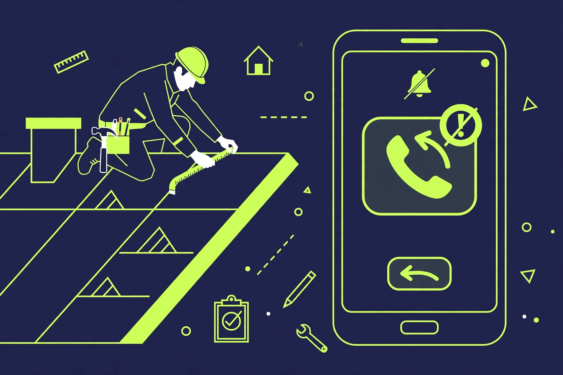 Roofing estimator on a roof while a missed call notification appears on a phone