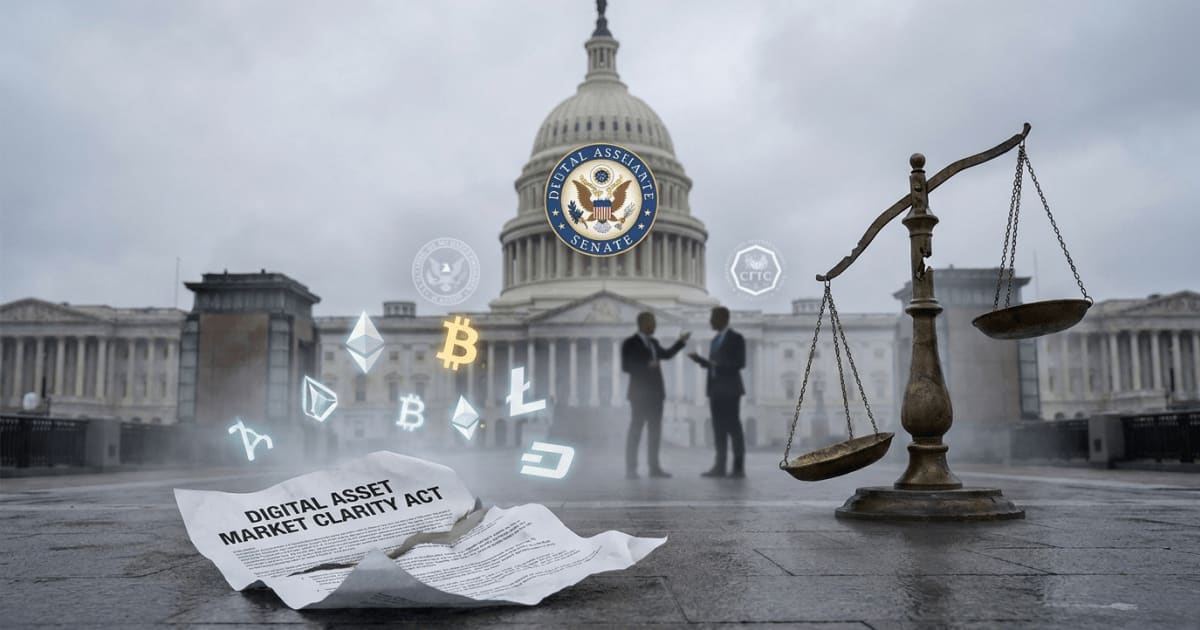 Ilustração editorial sobre regulação: Regulação Cripto nos EUA: Lei de Clareza do Mercado de Ativos Digitais Fracassa