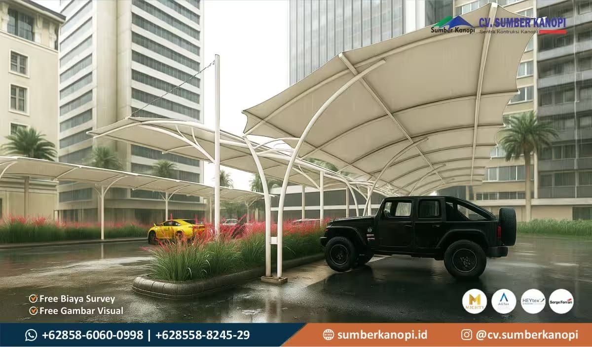 jasa pasang kanopi membrane parkiran komersial di Jabodetabek rangka baja galvanis anti panas dan bebas bocor untuk lahan mobil