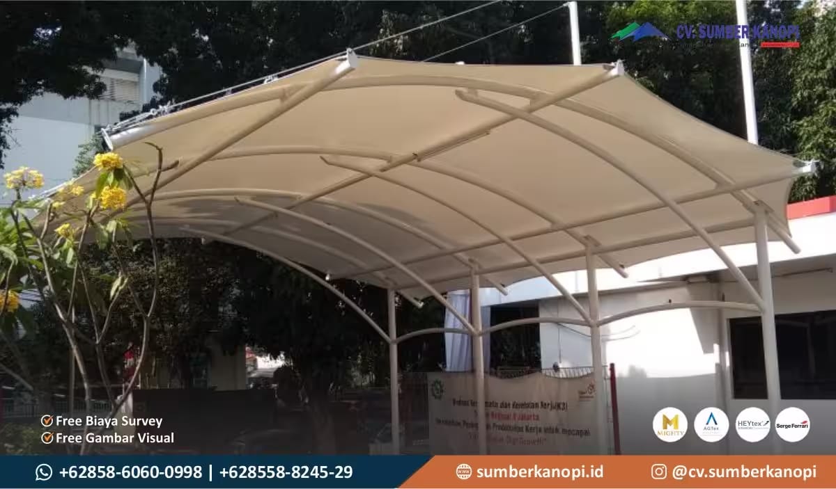 kanopi membrane gerbang masuk komersial modern anti panas dan tahan hujan dengan rangka baja galvanis