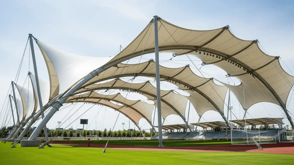 Desain stadion mini modern dengan kanopi membrane lapangan melengkung yang estetis