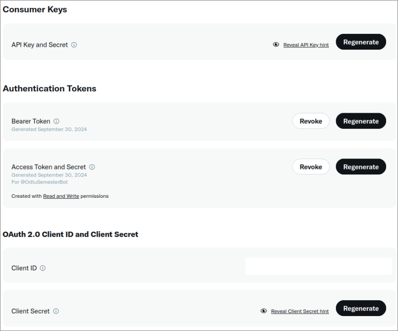 X Developer Portal project and app setup screen