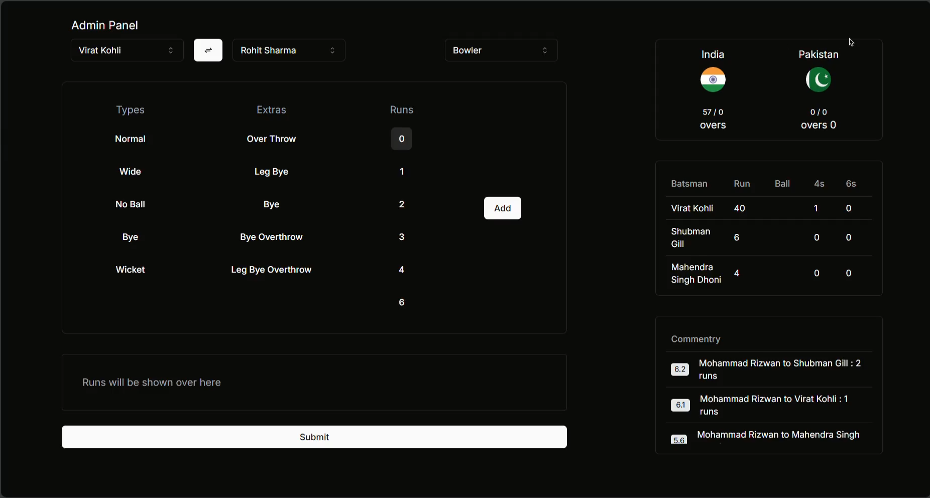 Cricket Admin Pane screenshot