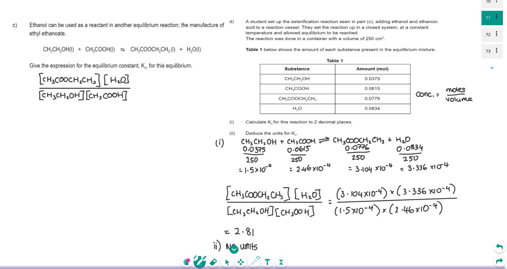 A screenshot of the whiteboard during an online chemistry tuition on equilibria