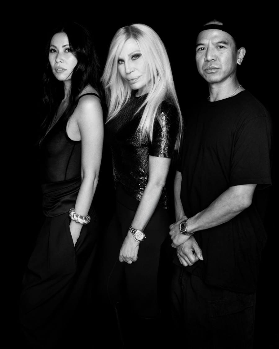 Donatella Versace with Raissa Gerona and Revolve Group co-founder Michael Mente at the joint venture announcement