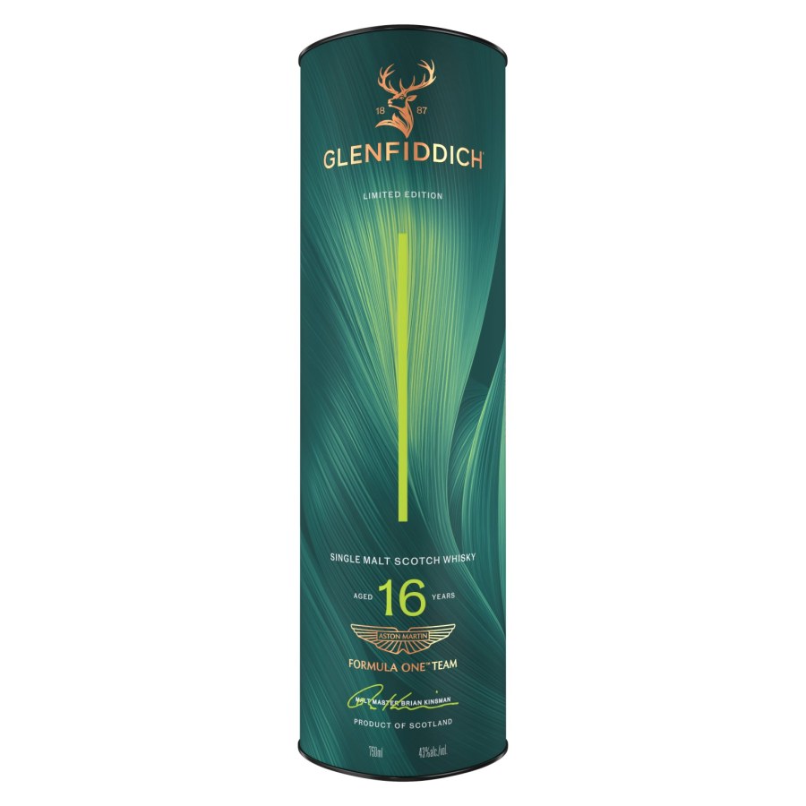 Glenfiddich x Aston Martin F1 16-Year-Old Release No.2 bottle in Aston Martin green tube packaging