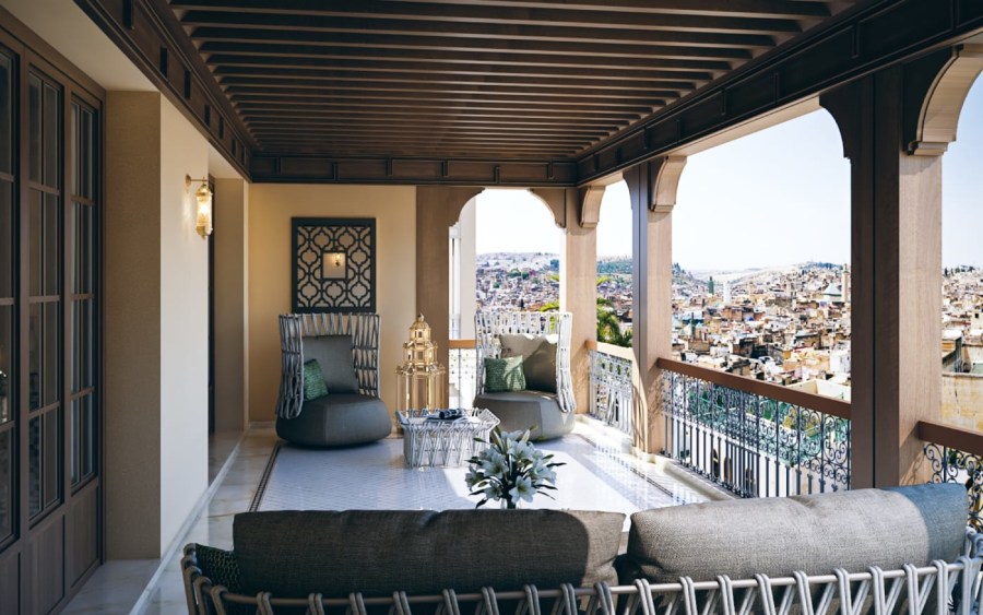Palais Jamai Fes terrace overlooking the historic medina of Fes, Morocco