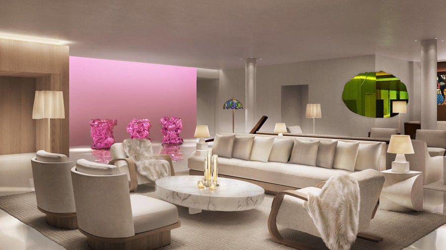 Public West Hollywood lobby featuring Anselm Reyle metallic magenta sculptures, Venetian plaster walls and cream sectional seating
