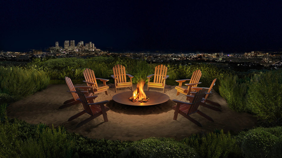 Public West Hollywood rooftop fire pit with Adirondack chairs at night, panoramic city skyline views of Los Angeles