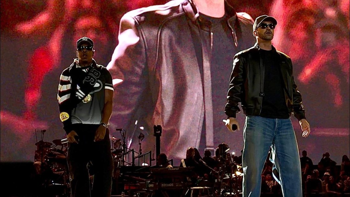JAY-Z and Eminem performing together on stage at Yankee Stadium during the 30 Tour