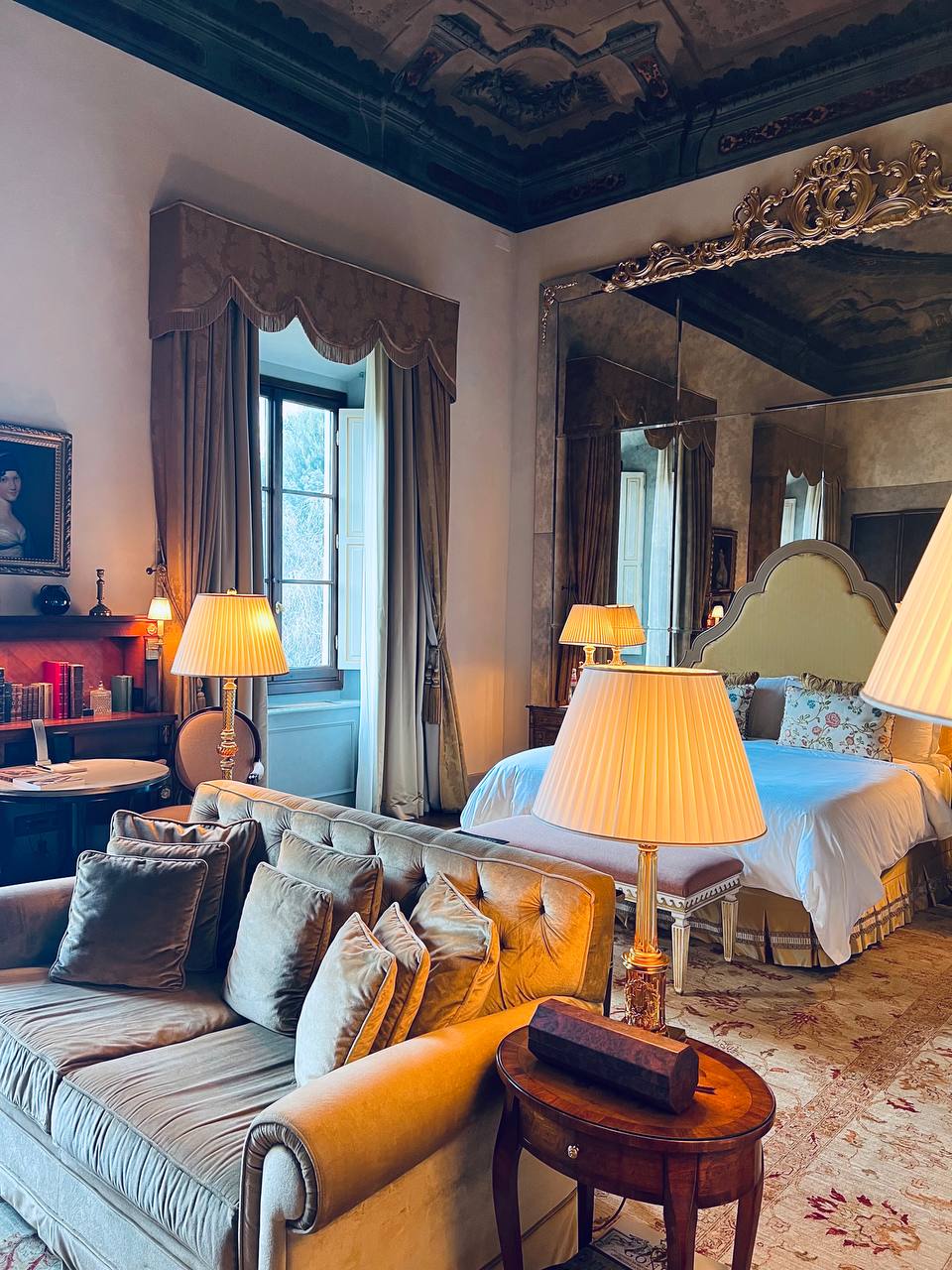 Suite with gilt mirror and sage velvet bed