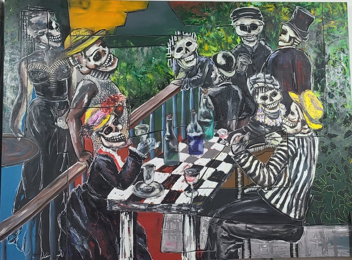 Singleton Lunch by Barkinado BOCOUM – skeleton figures at a cantina in mixed media on canvas