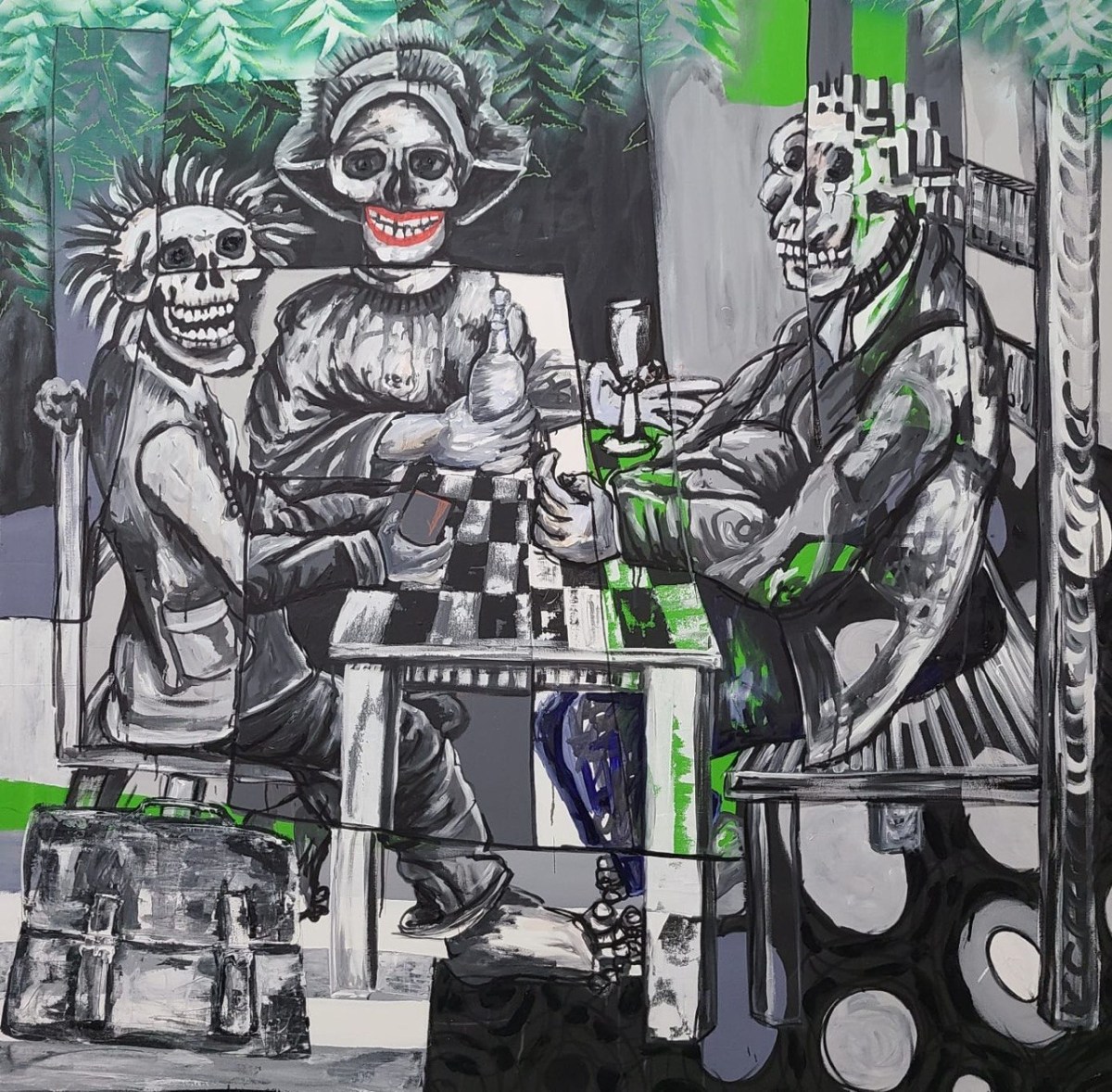 The Player by Barkinado BOCOUM – three skeletal figures in acrylic on canvas