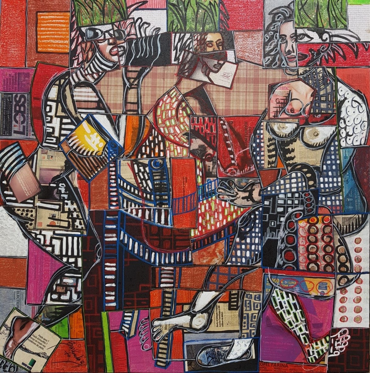 Qui n'aime pas voir ses amis échouer de temps à autre by Barkinado BOCOUM – three women in mixed media collage